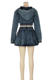 Deep Blue Sexy Solid Color Pocket Zipper Hooded Long Sleeve Two Pieces