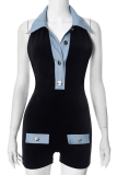Black Sexy Buttons Patchwork Turndown Collar Regular Rompers