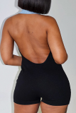 Black Sexy Buttons Patchwork Turndown Collar Regular Rompers