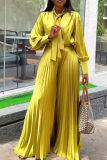 Yellow Casual Solid Color Strap Design Pleated Asymmetrical Collar Long Sleeve Two Pieces