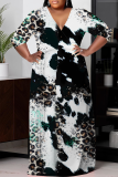 Leopard Print Casual Striped Print With Belt Contrast V Neck Printed Plus Size Dresses
