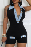 Black Sexy Buttons Patchwork Turndown Collar Regular Rompers