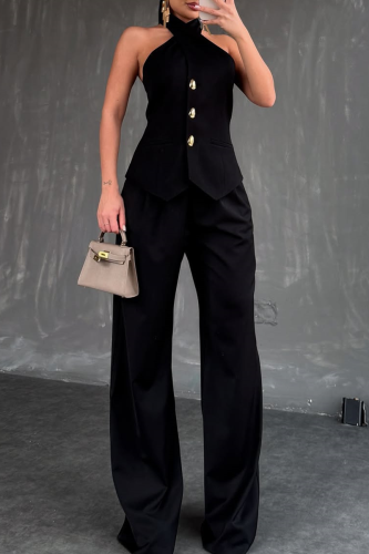 Black Casual Solid Color Buckle Sleeveless Two Pieces