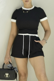 Black Casual Draw String Contrast O Neck Short Sleeve Two Pieces