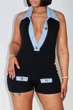 Black Sexy Buttons Patchwork Turndown Collar Regular Rompers