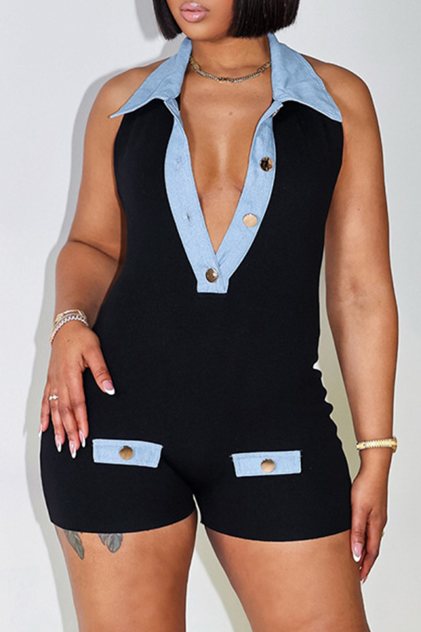 Black Sexy Buttons Patchwork Turndown Collar Regular Rompers