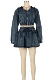 Deep Blue Sexy Solid Color Pocket Zipper Hooded Long Sleeve Two Pieces