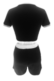 Black Casual Draw String Contrast O Neck Short Sleeve Two Pieces