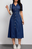 Deep Blue Casual Solid Color Pocket Buckle Turndown Collar Short Sleeve Bodycon Denim Dresses