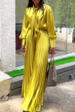 Yellow Casual Solid Color Strap Design Pleated Asymmetrical Collar Long Sleeve Two Pieces