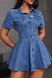 Blue Sexy Solid Color Pocket Buckle Turndown Collar Short Sleeve Boot Cut Denim Dresses
