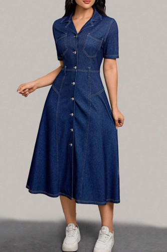 Deep Blue Casual Solid Color Pocket Buckle Turndown Collar Short Sleeve Bodycon Denim Dresses