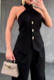 Black Casual Solid Color Buckle Sleeveless Two Pieces