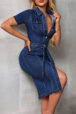 Deep Blue Sexy Solid Color Buckle Strap Design Turndown Collar Short Sleeve Regular Denim Dresses