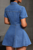 Blue Sexy Solid Color Pocket Buckle Turndown Collar Short Sleeve Boot Cut Denim Dresses