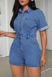 Blue Casual Solid Color Pocket Buckle Turndown Collar Short Sleeve Regular Denim Jumpsuits