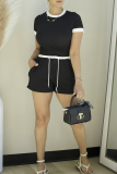 Black Casual Draw String Contrast O Neck Short Sleeve Two Pieces
