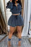 Deep Blue Sexy Solid Color Pocket Zipper Hooded Long Sleeve Two Pieces