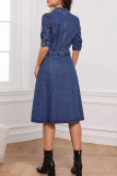 Deep Blue Casual Solid Color Pocket Buckle With Belt Turndown Collar Half Sleeve Mid Waist Denim Dresses