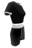 Black Casual Draw String Contrast O Neck Short Sleeve Two Pieces