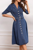 Deep Blue Casual Solid Color Pocket Buckle With Belt Turndown Collar Half Sleeve Mid Waist Denim Dresses