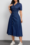 Deep Blue Casual Solid Color Pocket Buckle Turndown Collar Short Sleeve Bodycon Denim Dresses