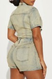 Light Color Casual Daily Solid Color Buttons Turndown Collar Short Sleeve Regular Denim Romper