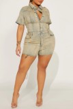 Light Color Casual Daily Solid Color Buttons Turndown Collar Short Sleeve Regular Denim Romper