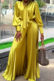 Yellow Casual Solid Color Strap Design Pleated Asymmetrical Collar Long Sleeve Two Pieces