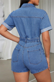 Blue Casual Solid Color Pocket Buckle Turndown Collar Short Sleeve Regular Denim Jumpsuits