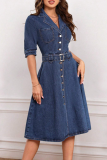 Deep Blue Casual Solid Color Pocket Buckle With Belt Turndown Collar Half Sleeve Mid Waist Denim Dresses