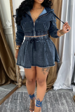 Deep Blue Sexy Solid Color Pocket Zipper Hooded Long Sleeve Two Pieces