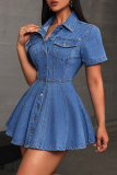 Blue Sexy Solid Color Pocket Buckle Turndown Collar Short Sleeve Boot Cut Denim Dresses