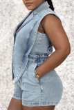 Black Sexy Casual Solid Color Buttons Irregular Turndown Collar Sleeveless Denim Ropmer