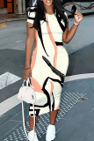 Beige Casual Print Contrast O Neck Wrapped Skirt Dresses