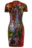 Blue Sexy Print Slit O Neck Irregular Dresses