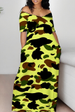 Fluorescent Yellow Casual Print Patchwork Off Shoulder Long Dresses