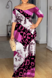 Fluorescent Yellow Casual Print Patchwork Off Shoulder Long Dresses