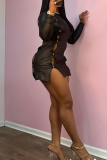 Black Sexy Solid Color Hollow Out O Neck Wrapped Skirt Dresses