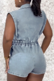 Black Sexy Casual Solid Color Buttons Irregular Turndown Collar Sleeveless Denim Ropmer