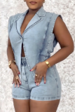 Black Sexy Casual Solid Color Buttons Irregular Turndown Collar Sleeveless Denim Ropmer