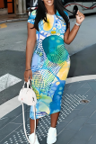 Beige Casual Print Contrast O Neck Wrapped Skirt Dresses