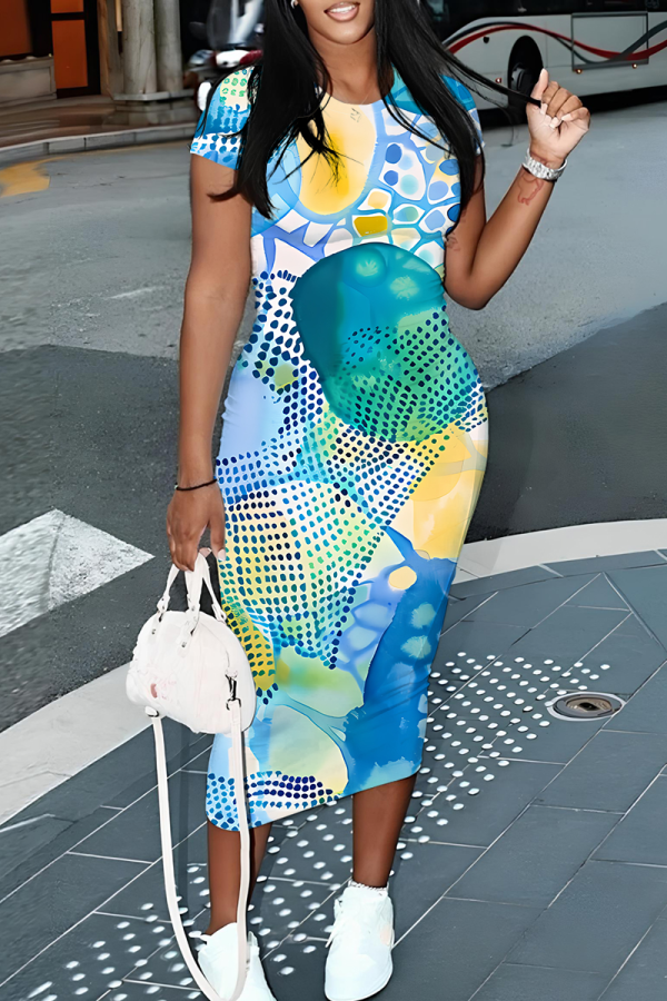 Blue Casual Print Contrast O Neck Wrapped Skirt Dresses