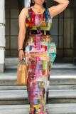 Red Purple Casual Print Patchwork O Neck Long Dresses
