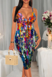 Multi-color Sexy Print Patchwork Spaghetti Strap Wrapped Skirt Dresses