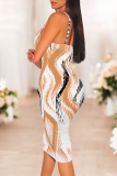 Stripe Sexy Print Patchwork Spaghetti Strap Wrapped Skirt Dresses
