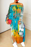 Light Purple Casual Print Slit Off Shoulder Long Dresses