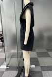Black Sexy Casual Solid Color Buttons Irregular Turndown Collar Sleeveless Denim Ropmer