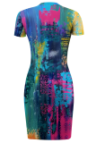 Blue Sexy Print Slit O Neck Irregular Dresses
