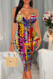 Multi-color Sexy Print Patchwork Spaghetti Strap Wrapped Skirt Dresses